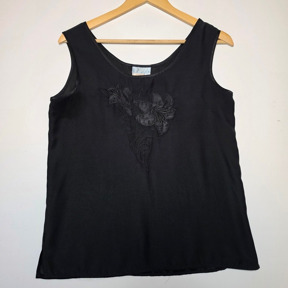 Como Floral Applique Sleeveless Tank Top Blouse Black Size 8